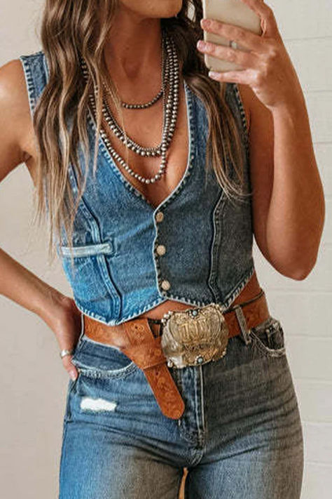 Sexy Hot Solid Color Distressed Buckle V Neck Sleeveless Regular Denim Jacket(3 Colors) Modern Cowgirl Outfits, Nfr Outfits, Winter Mini Dresses, Suit Type, Country Style Outfits, Looks Country, Sleeveless Suit, Western Style Outfits, Cropped Vest