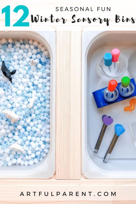 12 Winter Sensory Bins for Kids Snow And Ice Sensory Bin, Easy Water Play For Toddlers, Kinetic Sand Sensory Bin Ideas, Frozen Sensory Bin, Winter Sensory Bin Preschool, Kinetic Sand Sensory Bin, Ice Sensory Bin, Winter Sensory Activities, Snow Sensory Bin