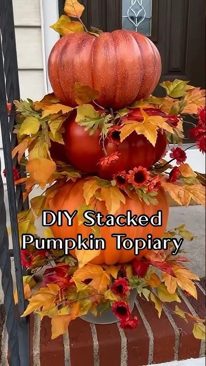 DIY Stacked Pumpkin Topiary | DIY Fall Decor 3 Tier Pumpkin Decoration Diy, Stacked Pumpkin Topiary, Pumpkin Topiary Diy, Pumpkin Candlesticks, Candlestick Arrangements, Fall Topiaries, Fall Harvest Decorations, Pumpkin Stack, Topiary Diy