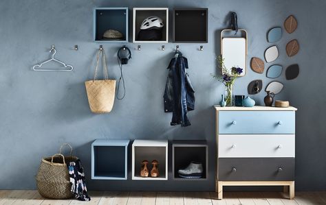 Need hallway organisation ideas in a shared house? Use different-coloured open EKET cabinets for each flatmate. Paint the same colours on a TARVA dresser, too. Ikea Closet Storage, Tarva Ikea, Hallway Organization, Ikea France, Ikea Toy Storage, Ikea Uk, Ikea Eket, Ikea Toys, Ikea Inspiration