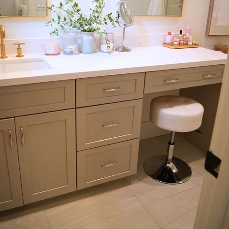 Vanity With Sink On One Side, Vanity Table In Bathroom, Master Bath Vanity With Makeup Area One Sink, Off Center Bathroom Vanity, Bathroom With One Sink And Makeup Vanity, Bathroom Seated Vanity, Bathroom Makeup Vanity With Sink, Bathroom Counter With Cabinet In Middle, Bathroom Vanity With Stool