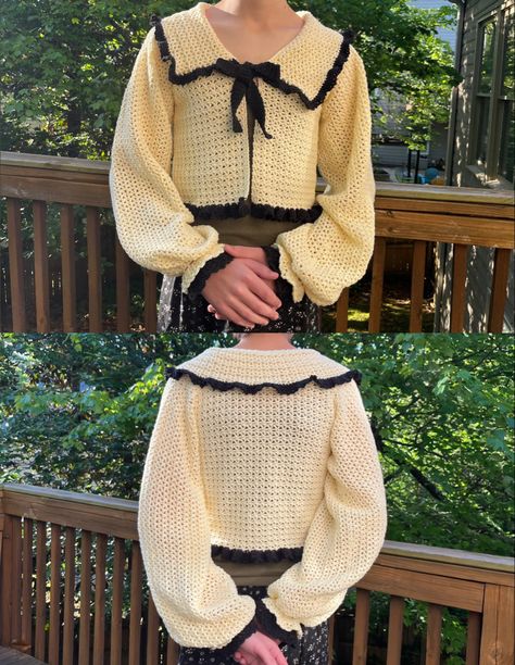 Dark Acedamia Crochet, Dark Acedemia Crochet, Light Academia Crochet, Crochet Bow Sweater, Dark Academia Crochet Ideas, Old Money Crochet, Crochet Mori, Crochet Outfits Aesthetic, Dark Academia Crochet