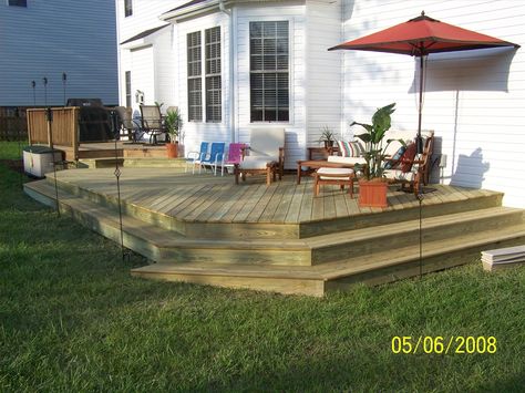 Deck Ideas: step down, no railing Back Porch No Railing, Deck No Railing, Wrap Around Steps On Deck, Deck With No Railing Design, Front Deck No Railing, Deck With No Railing, Low Deck No Railing, Wrap Around Deck Steps, Decks Without Railings