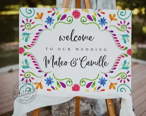 Welcome your guests in style with this decorative fiesta wedding party welcome sign. Featuring bright and cheerful colors, this sign is perfect for setting the fun tone of your wedding day. Printable Sign Mexican Themed Weddings, Fiesta Wedding, Fiesta Theme Party, Fiesta Theme, Boda Mexicana, Welcome Poster, Mexican Wedding, Wedding Welcome Sign, Welcome To Our Wedding