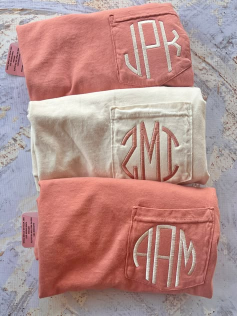 Embroidered Monogram Pocket Tee, Short Sleeve Monogram Tshirt, Comfort Colors Pocket Tee, Bridesmaid Gift, Mother's Day Gift  Please keep in mind, the embroidery closes the pocket.  Our shirts:  - Embroidered in South Carolina - Machine wash cold  - Light weight - Iron inside out for best results Monogram Tshirt Ideas, Embroidery Designs With Machine, Machine Embroidery Shirts, Mother’s Day Embroidery Ideas, Pink Monogrammed Cotton Top, Pink Monogram Cotton Top, Comfort Colors Graphic Tees, Short Sleeve Cotton Monogram Top, Short Sleeve Cotton Tops With Monogram