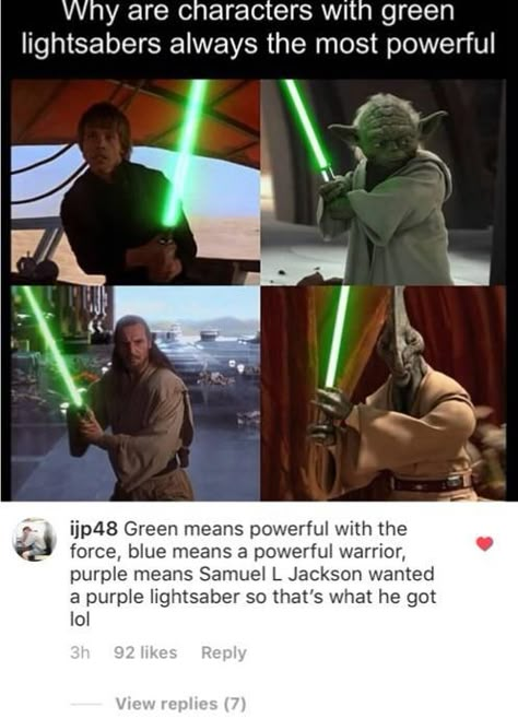 Star Wars Trivia, Purple Lightsaber, Star Wars Meme, Funny Star Wars Memes, Star Wars Facts, Star Wars Jokes, Movies And Series, Star Wars Images, Star Wars Pictures