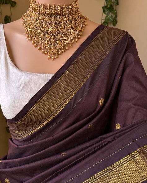 Www.thejacouture.in > Full Butta Traditional cotton silk saree > coffee brown cotton silk saree. . Saree Description: Coffee brown cotton silk saree with contrast zari border and butta all over. Comes with running blouse. Saree height: 46 inches. Saree length: 5.5 meters. Blouse : 80cm Care: Normal wash. priced:1450/- INR For for details and query direct message us❤️. . #saree #sareelove #sareelovers #sareeblouse #sareefashion #sareedraping #sareepact #sareeblousedesigns #sareeinspira... Brown Saree With Contrast Blouse, Coffee Colour Saree, Brown Saree Look, Gold Saree With Contrast Blouse, Brown Saree Blouse, Coffee Brown Saree, Dark Brown Saree, Graduation Saree, Brown Silk Saree