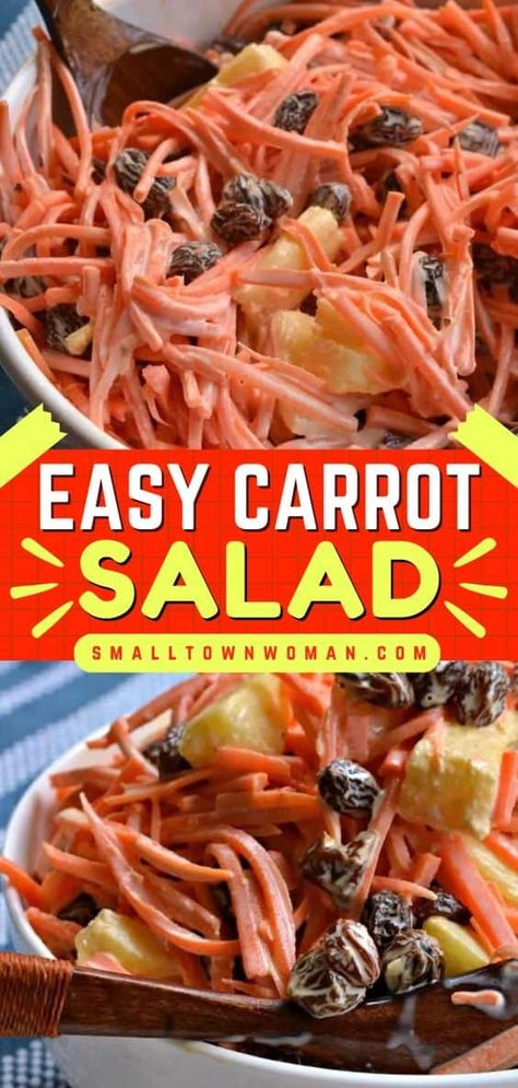 This salad recipe for dinner calls for just 7 ingredients! This Easter side dish idea goes with so many main courses. Studded with raisins and pineapple, this quick and easy carrot salad is delicious! Carrot Salad With Raisins, Easy Carrot Salad, Carrot And Raisin Salad, Sunshine Salad Recipe, Easy Carrot Recipes, Salad With Raisins, Easter Side Dish, Raisin Salad, Carrot Raisin Salad