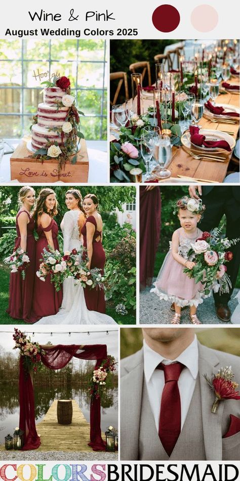 Wine and pink for August wedding colors 2025, wine bridesmaid dresses, white bridal gown, khaki bridegroom suit wine tie, pocket square and boutonniere, wine and pink flowers of bouquets, ceremony arch décor, reception centerpieces and wedding cake décor, wine cloth ceremony arch and wedding napkins. #weddingcolors #weddingideas #augustweddings #colsbm #2025 #summerwedding #wineweddings #maroonweddings #bridesmaiddresses #wineandpink August Wedding Colors, Ceremony Arch Decor, Wine Bridesmaid Dresses, Wedding Color Palette Summer, White Bridal Gown, Wedding Color Ideas, Trends 2025, Wedding Color Trends, Maroon Wedding