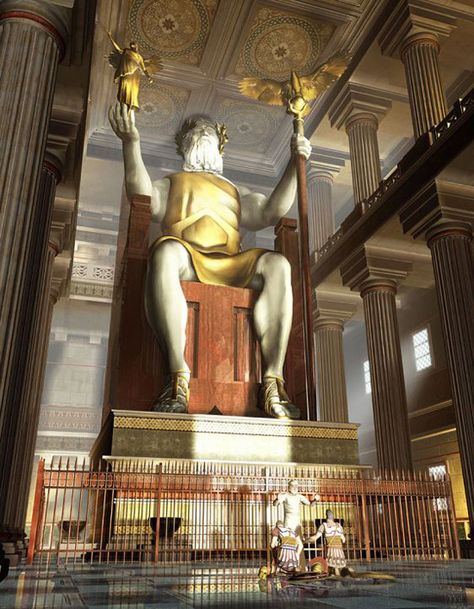 Statue of Zeus at Olympia Statue Of Zeus, Greek Temple, Greek Statues, Great Pyramid Of Giza, Classical Antiquity, Ancient Buildings, Ancient World, Pyramids Of Giza, Seven Wonders