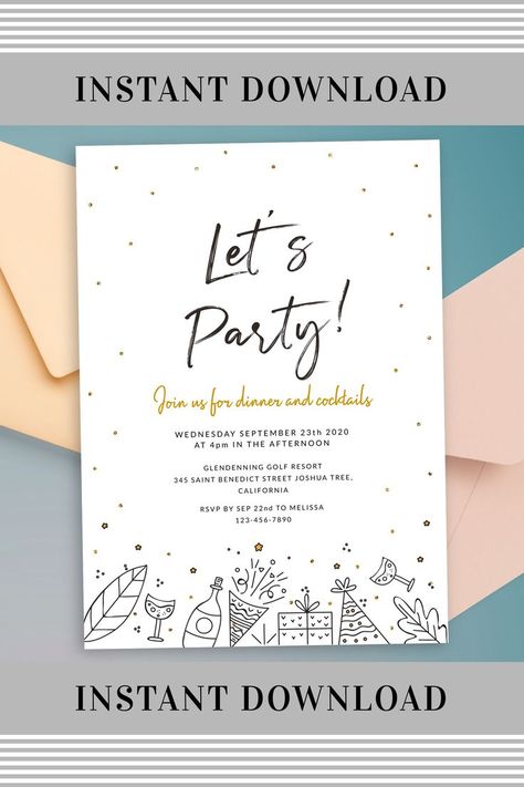 Party invitation template with the simple yet very stylish design featuring nice minimalist illustrations and cool font. Customize online for free to add information about your upcoming party and save the design. #partyinvitationtemplate #partyinvitetemplate #partyinvitation Pre Wedding Party Invitations, Cool Font, Cocktails Party, Cocktail Party Invitation, Fun Invitations, Pre Wedding Party, Party Invite Design, Wedding Party Invites, Kitty Party