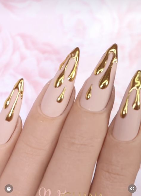 Champagne Inspired Nails, Duster Nail Design, Tan Almond Nails With Design, Teardrop Nails Design, Chrome Gold French Tip Nails, Nude Stiletto Nail Designs, Gold Drip Nails, Pretty Almond Nails Classy, Chrome Drip Nails