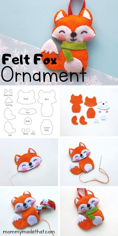 Fox Plushie Diy, Felt Fox Christmas Ornaments, Free Felt Fox Pattern, Felt Fox Ornament Pattern, Felt Animals Patterns Free, Felt Figures Diy, Diy Fox Ornaments, Fox Diy Crafts, Fox Ornament Pattern