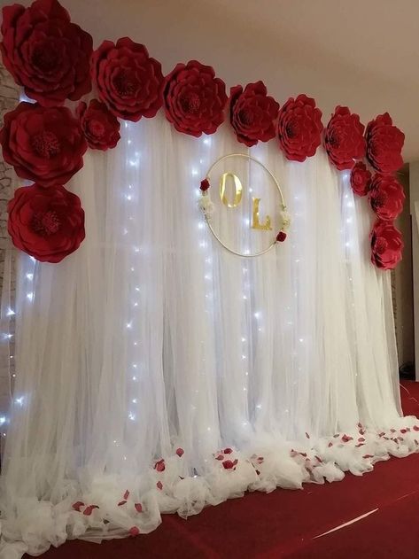 White And Red Birthday Decoration, Simple Stage Decorations, Birthday Decorations At Home, 1st Birthday Girl Decorations, 50th Birthday Decorations, Marriage Decoration, Wedding Backdrop Design, Wedding Backdrop Decorations, 40th Wedding Anniversary