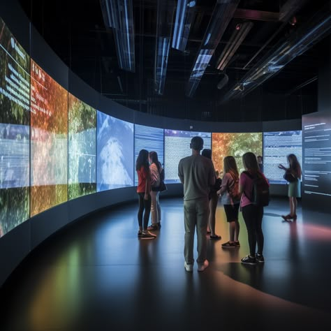 dark room, digital signage, crowds of people Augmented Reality Exhibition, Immersive Interior Design, Digital Media Wall, Immersive Exhibition, Digital Exhibition, Design Exploration, Architect Student, Museum Interior, Museum Exhibition Design