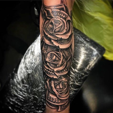 Money Rose Sleeve Tattoo, 100 Dollar Bill Rose Tattoo, Money Flower Tattoo, Chest Tattoo Roman Numerals, Money Maker Tattoo, Full Sleeve Tattoos Ideas, Haiti Tattoo, Rose Tattoo Leg, Tattoo Crane