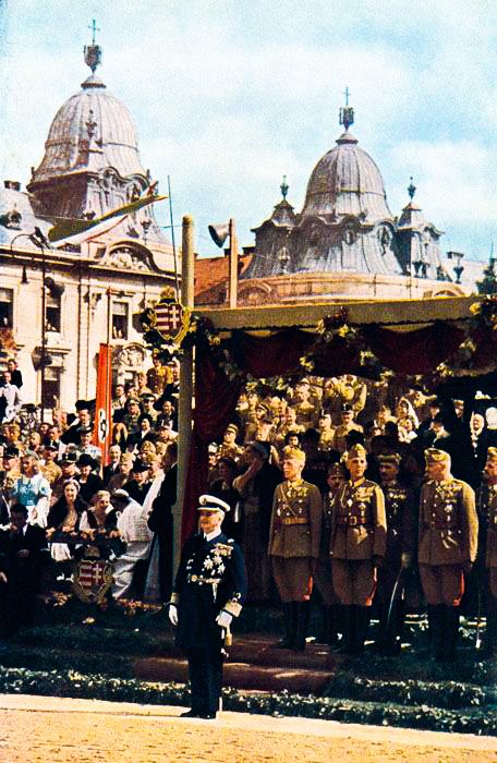 The Regent of Hungary, Admiral Miklós Horthy alongside his top generals, inspects the soldiers of the Hungarian Army during a military parade in the city of Kolozsvár (or “Cluj”). Kolozsvár, Hungary. Summer, 1942. The city formerly known as Cluj-Napoca (along with the rest of Northern Transylvania) was annexed by Hungary from the Kingdom of Romania in the fall of 1940 following the signing of the 2nd Vienna Award, which was arbitrated by the German Reich and Kingdom of Italy. Hungarian Symbols, Hungary History, Habsburg Austria, Kingdom Of Italy, German History, Military Figures, Historical Moments, Historical Pictures, Oct 1