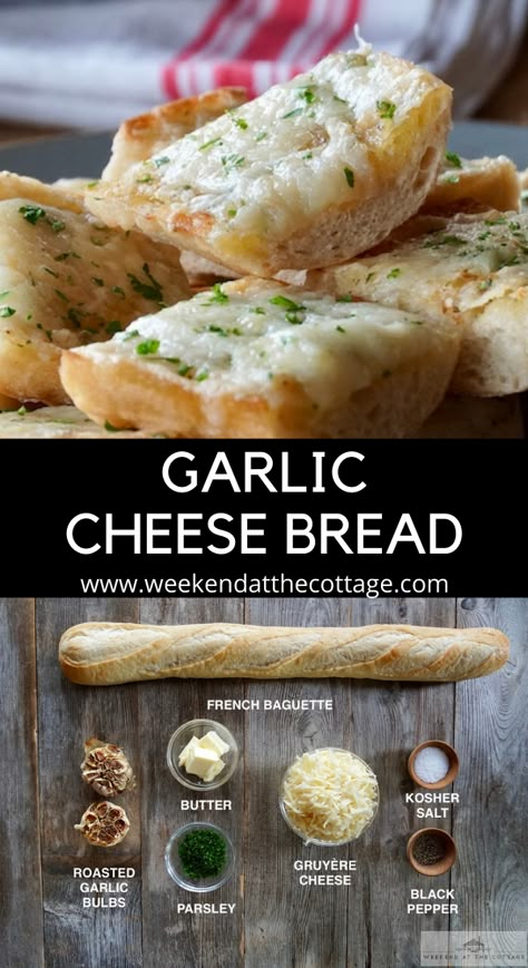 Garlic Bread Recipe With Roasted Garlic, French Baguette Appetizers, Garlic Cheese Baguette, Baguette Cheese Bread, Garlic Butter Cheese Bread, Garlic Confit Cheese Bread, Baguette Garlic Bread Easy, Garlic Butter Baguette, Roasted Garlic Cheese Bread