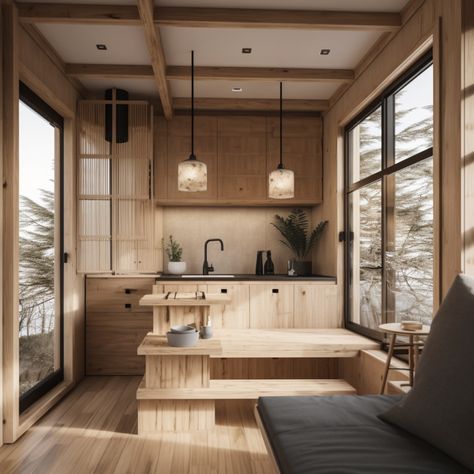 Japandi meets tiny house: the perfect match! Japandi Interiors Small Space, Japandi Tiny House, Micro House Interior, Tiny Apartment Interior, Best Tiny House Layout, Japanese Style Tiny House, Japandi Exterior, Tiny House Kitchen Ideas, Japanese Tiny House