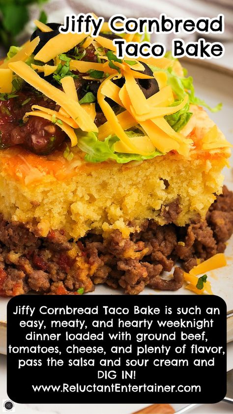 Beefy, cheesy, and loaded with big, bold Southwestern flavors, this easy Jiffy Cornbread Taco Bake is a family favorite! Mexican Cornbread Casserole Jiffy, Casseroles With Cornbread, Cornbread And, Recipes Using Jiffy Cornbread, Recipes Using Jiffy Cornbread Boxes, What Goes With Cornbread, Taco Cornbread Casserole Jiffy, Ground Beef And Jiffy Cornbread Recipes, Easy Mexican Cornbread With Jiffy