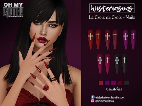 The Sims Resource - Oh My Goth! - La Croix de Croix - Nails Sims 4 Cc Nails, Goth Sims 4, Sims 4 Cc Goth, Cc Nails, Sims 4 Nails, Nail Signs, Vampire Nails, Gothic Engagement Ring, Rose Choker