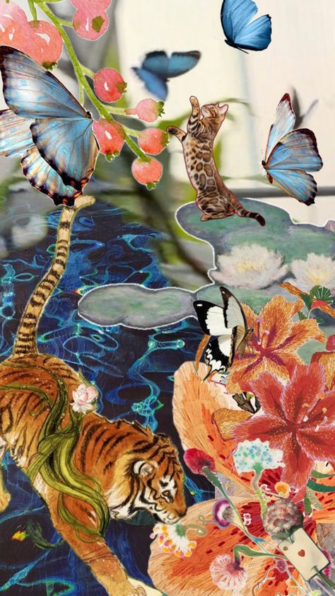 abstract cat collage with flowers and water Tiger Abstract, Flowers And Water, Tiger Lilies, Cat Collage, Abstract Cat, Tiger Lily, Goats, Lily, Collage