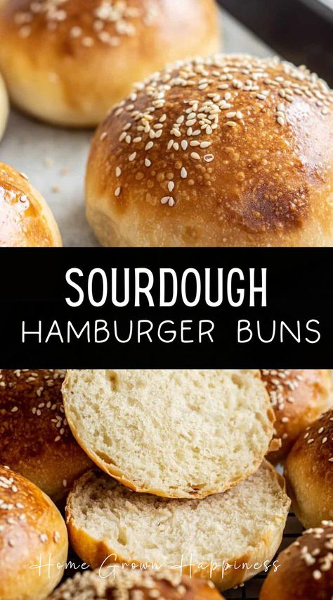 These soft sourdough hamburger buns are soft and fluffy with a shiny golden exterior. They are naturally leavened and easy to make by hand. This sourdough hamburger bun recipe makes 9 buns. Sourdough Burger Buns, Sourdough Burger, Sourdough Hamburger Buns, Burger Buns Recipe, Hamburger Bun Recipe, Recipe Using Sourdough Starter, Sourdough Starter Discard Recipe, Homemade Sourdough Bread, Bread Starter