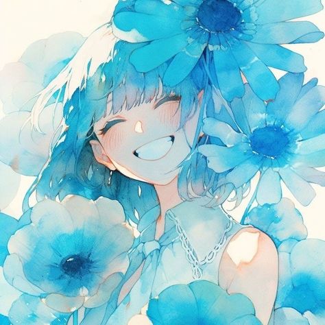 Beautiful Watercolor Art, Blue Anime Art, Blue Aesthetic Drawing, Blue Girl Aesthetic, Blue Art Aesthetic, Blue Anime Aesthetic, Anime Illustration Art, Anime Watercolor, Anime Flower