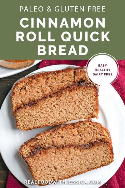 This Paleo Cinnamon Roll Quick Bread is so easy to make and tastes incredible! Tender cake with a sweet cinnamon swirl and drizzled with a thick glaze. Gluten free, dairy free, and naturally sweetened. #paleo #glutenfree #healthy #easyrecipe #dairyfree | realfoodwithjessica.com via @realfoodwithjessica Paleo Cinnamon Rolls, Primal Living, Cake Bundt, Best Paleo Recipes, Paleo Bread, Keto Friendly Desserts, Cinnamon Bread, Cinnamon Swirl, Primal Paleo