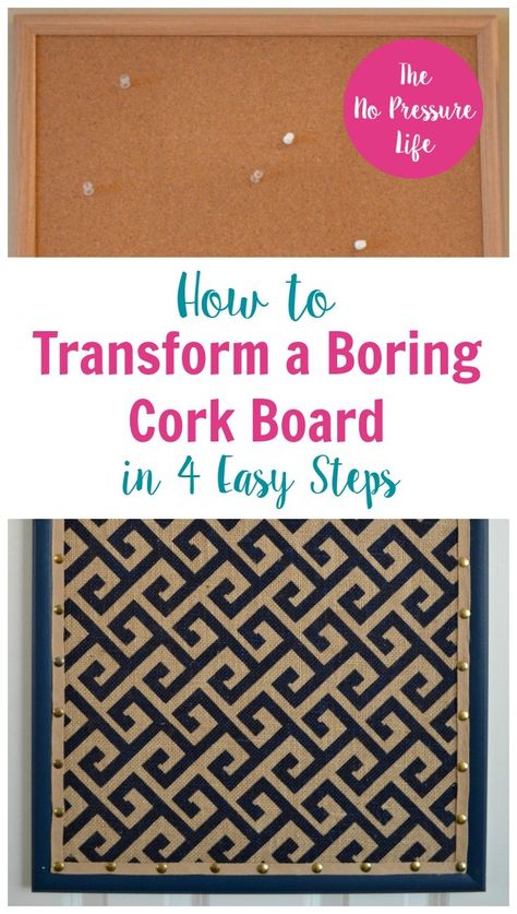 Learn how to cover a cork board with fabric and ribbon in this simple tutorial. This DIY cork board makeover is so easy! Just 4 steps and you'll have a pretty bulletin board with nailhead trim to display artwork, photos, or important papers. It's is a great way to organize your command center! Learn how to make it yourself. via @nopressurelife #corkboard #bulletinboard #crafts Cork Board Makeover, Fabric Bulletin Board, Diy Bulletin Board, Diy Cork Board, Diy Cork, Display Artwork, Displaying Kids Artwork, Cork Diy, Command Center