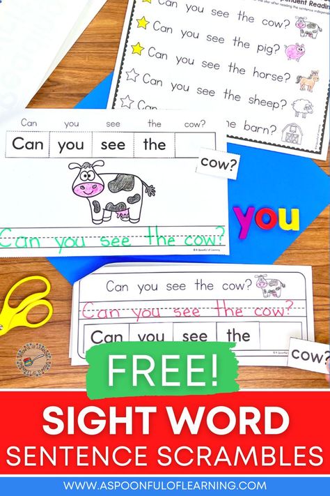 Multiple sight word sentence scramble worksheets for the word "you." Sentence Building Worksheets, Sentences Kindergarten, Focus Word, Sight Words Kindergarten Activities, Sentence Building Activities, Sentence Writing Activities, Sight Word Activity, Practice Sight Words, Sight Word Centers