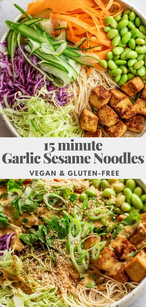 Healthy 2 Minute Noodles, Garlic Sesame Noodles, Tofu Sesame, Roasted Tofu, Vegan Noodles Recipes, Rice Noodle Recipes, Healthy Noodles, Vegan Noodles, Dinner Vegan