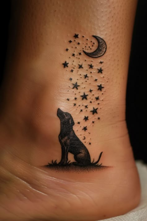 Black Dog Tattoos For Women, Black Labrador Tattoo Ideas, Animal Lovers Tattoos, Dog Star Tattoo, Goldendoodle Tattoo Ideas, Moon And Dog Tattoo, Tiny Tattoos Dog, Hell Hound Tattoo, Dog Memory Tattoo