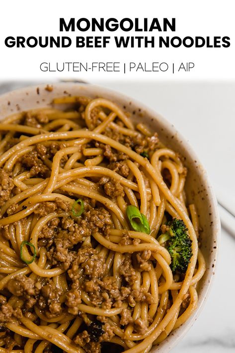 This Mongolian ground beef with noodles is a gluten-free, soy-free and cost-effective homemade meal to satisfy your takeout cravings! Ground Beef With Noodles, Beef With Noodles, Mongolian Ground Beef, Aip Diet Recipes, Unbound Wellness, Autoimmune Paleo Recipes, Gluten Free Spaghetti, Aip Paleo Recipes, Gluten Free Noodles