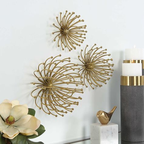 Aga Metal Wall Decor, S/3 | Uttermost Gold Metal Wall Decor, Interior Room Design, Uttermost Wall Art, Wall Decor Trends, Metal Flower Wall, Metal Flower Wall Art, Uttermost Mirrors, Wall Mirrors Set, Metal Objects