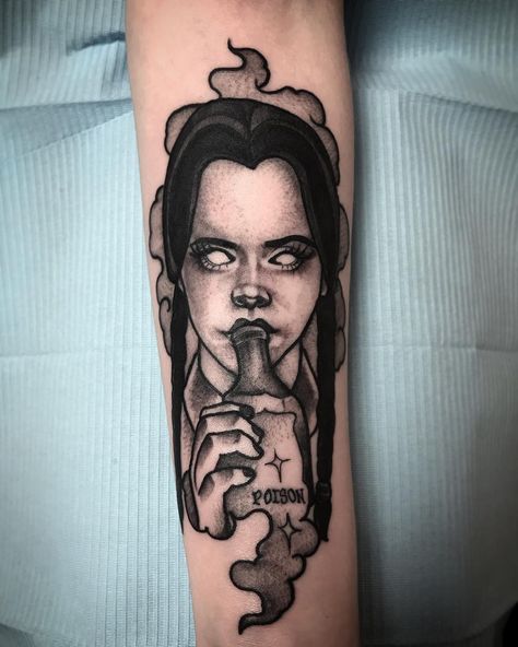 Wednesday Addams tattoo Wednesday Addams Tattoo Ideas, Addams Family Tattoo, Wednesday Addams Tattoo, Black Panther Tattoo, Carolyn Jones, Panther Tattoo, Wednesday Adams, Student Christmas Gifts, Creepy Tattoos