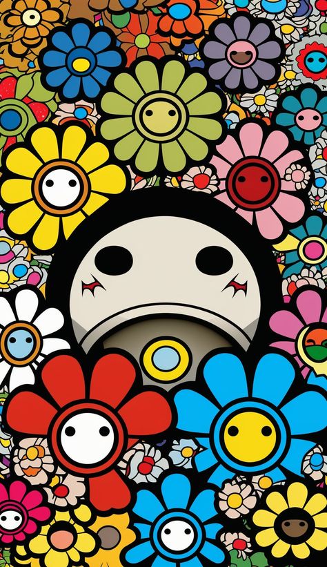 Introducing a stunning canvas art piece created in the signature style of Takashi Murakami - one of the most celebrated artists of our time. This piece features the iconic flower faces that have become synonymous with Murakami's playful and colorful aesthetic. The faces are rendered in vivid colors and intricate patterns, creating a sense of movement and joy that is truly infectious. This piece captures the spirit of Murakami's vision - one that blends pop culture references with traditional Jap Takashi Murakami Art Paintings, Murakami Art, Takashi Murakami Art, Murakami Flower, Art Alevel, Vintage Poster Design, Colorful Aesthetic, Traditional Japanese Art, Takashi Murakami