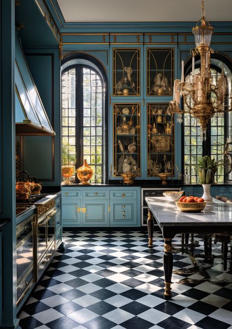 January Midjourney Dump — Living Bright Interiors Modern Victorian Homes Interior Ideas Kitchen, Bright Blue Kitchen, Victorian Style Kitchen, Kitchenette Ideas, Tudor Kitchen, Whimsical House, Bathroom Wallpaper Ideas, Dream Bakery, Atrium Design