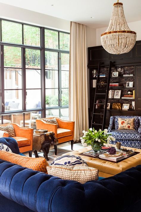 Burnt Orange and Ocean Blue. #decorating #details #inspiration #livingroom #sittingroom #blue&orange Blue And Orange Living Room, Blue Living Room Color, Burnt Orange Living Room, Blue Interior Design, Family Room Colors, Blue Velvet Sofa, Living Room Orange, Room Blue, Brown Living Room