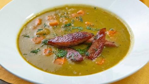 Split Pea Soup with Crispy Kielbasa Recipe | Ina Garten | Food Network Soup With Kielbasa, Kielbasa Recipe, Soup Starter, Split Pea Soup Recipe, Kielbasa Recipes, Ina Garten Recipes, Split Pea Soup, Barefoot Contessa, Spicy Sausage