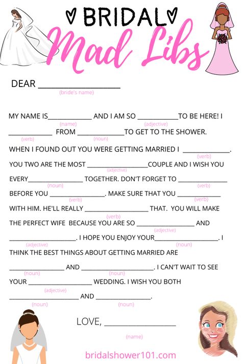 bridal shower mad libs Bridal Shower Printable Games, Bridal Shower Charades, Bridal Shower Games Free Printables, Bridal Shower Mad Libs, Free Printable Bridal Shower Games, Bridal Jeopardy, Bridesmaid Games, Bridal Shower Games Funny, Bridal Shower Prizes