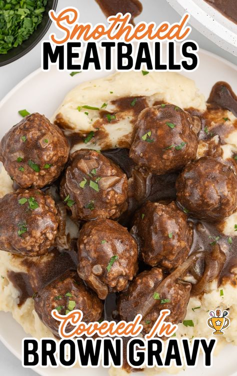 Meatballs With Raisins, Beef Meatballs And Gravy, Meatball And Gravy Recipes, Meatballs And Gravy Crockpot, Meatballs With Brown Gravy, Meatballs In Brown Gravy, Smothered Meatballs, Meatball Gravy Recipe, Meatballs And Gravy Recipe