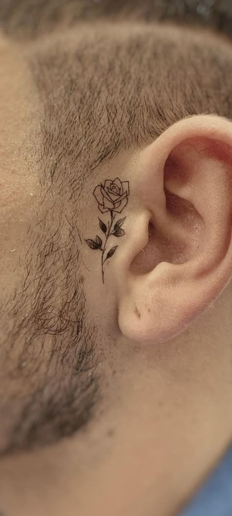 Small Rose Ear Tattoo, Rose Face Tattoo Men, Rose Neck Tattoo Men, Face Rose Tattoo, Small Face Tattoo Men, Rose Face Tattoo, Behind Ear Tattoo Men, Ear Tattoos For Men, Small Face Tattoo