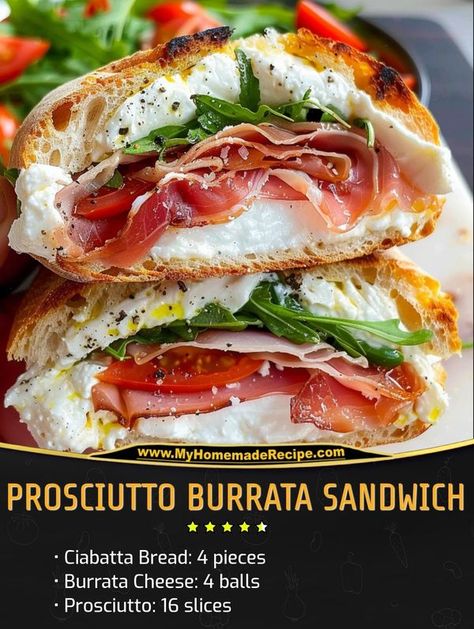 Family Cookbook | Prosciutto Burrata Sandwich | Facebook Burrata Recipe Sandwich, Prosciutto Burrata Sandwich, Easy Burrata Recipe, Chibata Sandwich Recipe, Cibatta Paninis, Ciabatta Sandwich Recipes, Recipes Prosciutto, Ciabatta Sandwiches, Burrata Sandwich