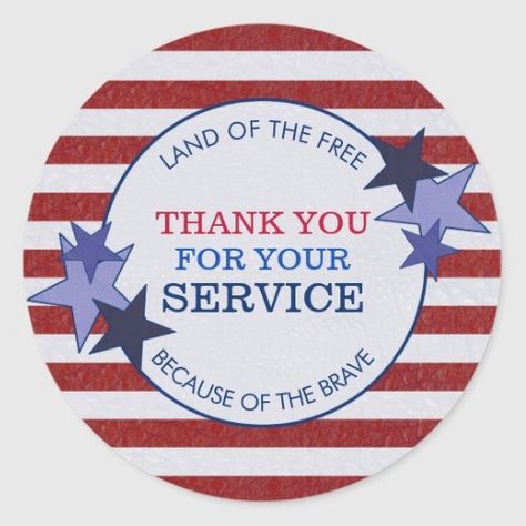 Thank You for Your Service Veterans Rustic Leather Classic Round Sticker This bold, patriotic rustic design features country style leather stars in different shades of blue against a faux leather textured background consisting of red stripes on white, in the colors of the American flag. In the center is a blue edged faux leather white area containing the words "Thank You for your Service" in popular typography in three different colors. At the top and bottom are the words "land of the.. Veterans Day Thank You, Military Retirement Gift, Thank You Veteran, Custom Plaques, Land Of The Free, Create Custom Stickers, The Brave, Veterans Day, Retirement Gifts