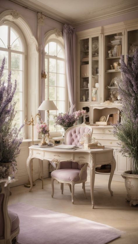 top items in home decor | Home decorating ideas | Sty Pink Shabby Chic Office, Home Office French Country, French Inspired Office, French Country Office Ideas, French Country Home Office, Vintage Workspace, Parisian Home Office, Magical Office, Home Office With Sofa