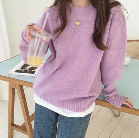 Purple Sweater Outfit, Cute Feminine Outfits, Colorful Wardrobe, Solid Color Sweater, Modest Fits, Pastel Outfit, Color Sweater, Purple Outfits, Korean Fashion Dress