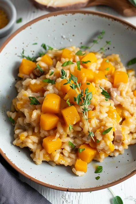 Creamy Butternut Squash Risotto Risotto Recipes Squash, Butternut Squash Risotto Recipes, Fall Risotto, Gourmet Mexican Food, Butternut Squash Rice, Couple Breakfast, Gourmet Food Recipes, Easy Butternut Squash, Creamy Butternut Squash