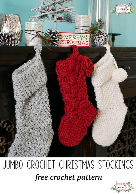 Crochet these jumbo easy one skein stockings with basketweave and griddle stitches with my free crochet pattern and video tutorial! Snowman Scarf Pattern, Crochet Christmas Patterns, Christmas Stocking Pattern Free, Stocking Pattern Free, Jumbo Crochet, Farmhouse Christmas Stockings, Crochet Christmas Stocking Pattern, Christmas Crochet Patterns Free, Crochet Stocking