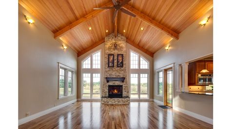 Interior Great Room 1 Plank Ceilings, Addition Plans, Vaulted Ceiling Lighting, Addition Ideas, Hunting Room, Rustic Window, Lighting Plan, Ceiling Ideas, Country Style House Plans